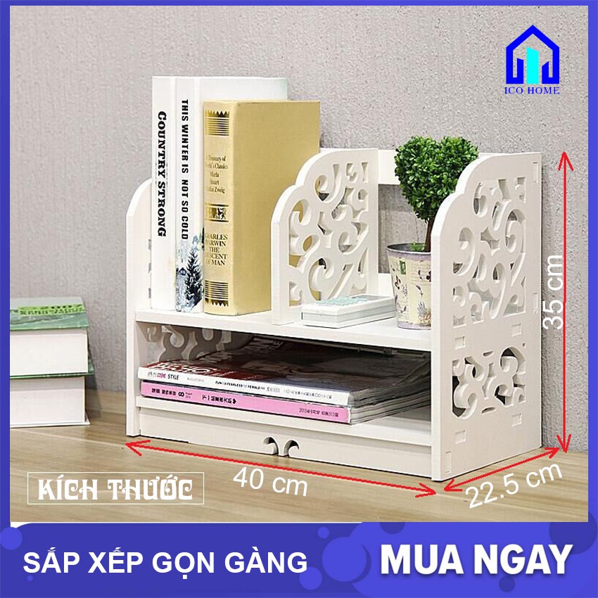 Kệ sách để bàn bằng gỗ hoa văn đẹp dễ dàng lắp ghép có nhiều ngăn, để bàn học bàn làm việc văn phòng - AMES SHOP