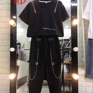 Set áo Crop top khoá khuyên kèm quần 2 xích cực ngầu_HD