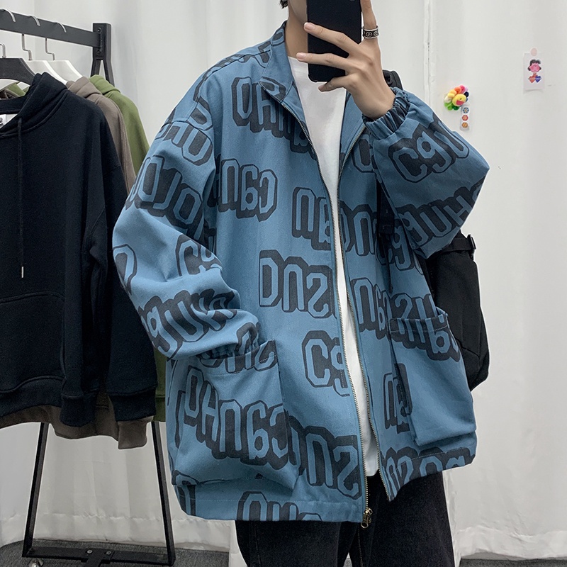 Áo khoác cardigan dáng rộng dài tay in hình phong cách mùa xuân thu thời trang Hàn Quốc đường phố cho nam