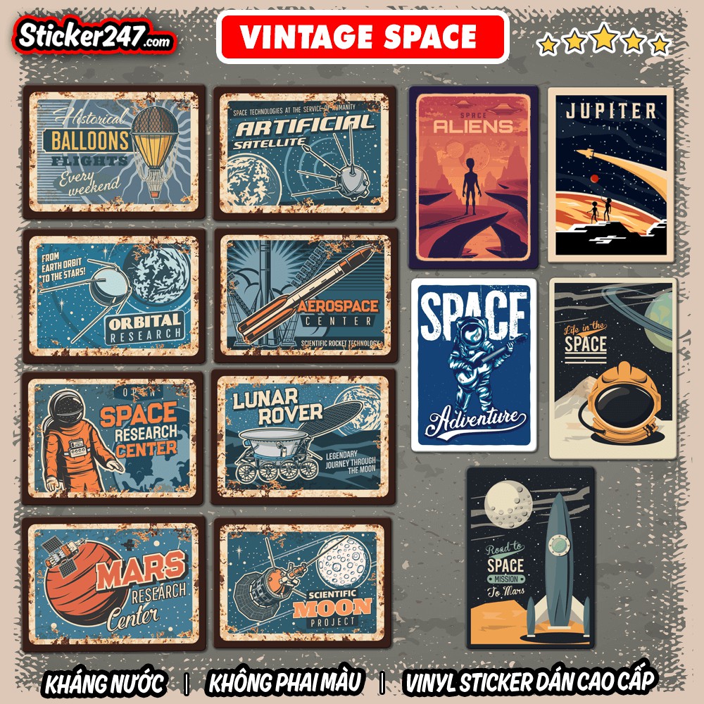 Sticker Vintage Retro Space Galaxy Vũ trụ 𝑭𝒓𝒆𝒆𝒔𝒉𝒊𝒑 chống nước, sticker dán laptop, điện thoại, đàn, mũ bảo hiểm, vali