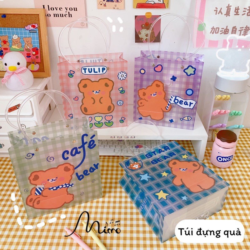 Túi đựng quà trong suốt in hình gấu Bear dễ thương size 19*21cm