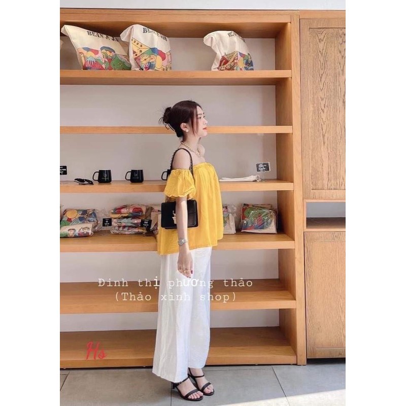 Bộ Áo Trễ Vai Quần Trắng Đũi 🦋 Set Đũi Áo Hở Vai Kèm Quần Suông Ống Rộng 2 Màu 🦋 | BigBuy360 - bigbuy360.vn