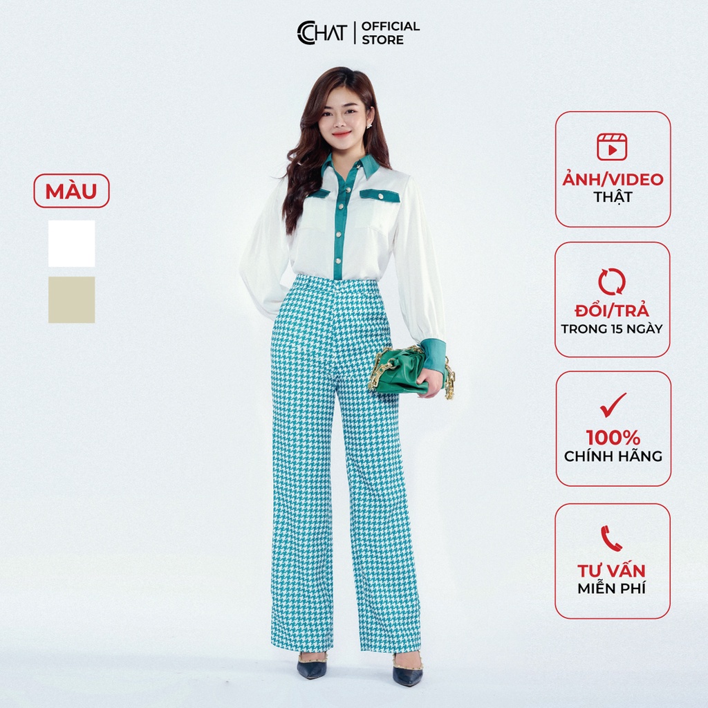Áo Sơ Mi Nữ 𝐂𝐂𝐇𝐀𝐓 Phối Cổ Nắp Túi Và Tay Chất Lụa Cao Cấp Dáng Suông Phong Cách Trẻ Trung 12FDL8024ST