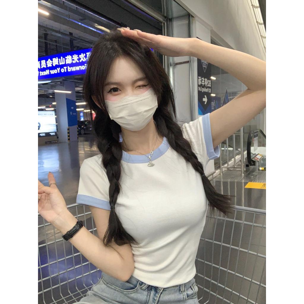 Áo Thun Ngắn Tay Ôm Dáng Màu Sắc Tương Phản Thời Trang Cho Nữ 61348