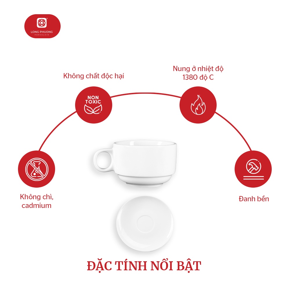 Bộ chén đĩa uống trà bằng sứ Long Phương cao cấp số 2 - Dung tích 130ml