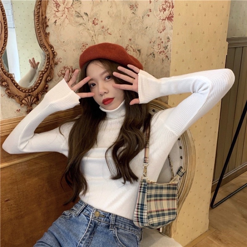Áo thun nữ cổ lọ len tăm tay dài, Áo thun cổ lọ tay dài ôm body SUNA FASHION