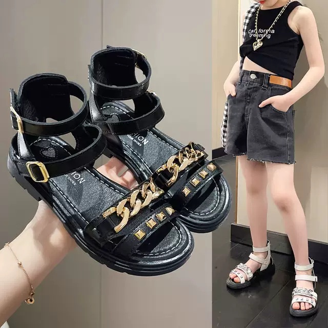 Sandal chiến binh bé gái - dép 2 quai dán đế mềm da PU êm chân mẫu mới xích bóng sang chảnh Babybees SL189 (có ảnh thật)