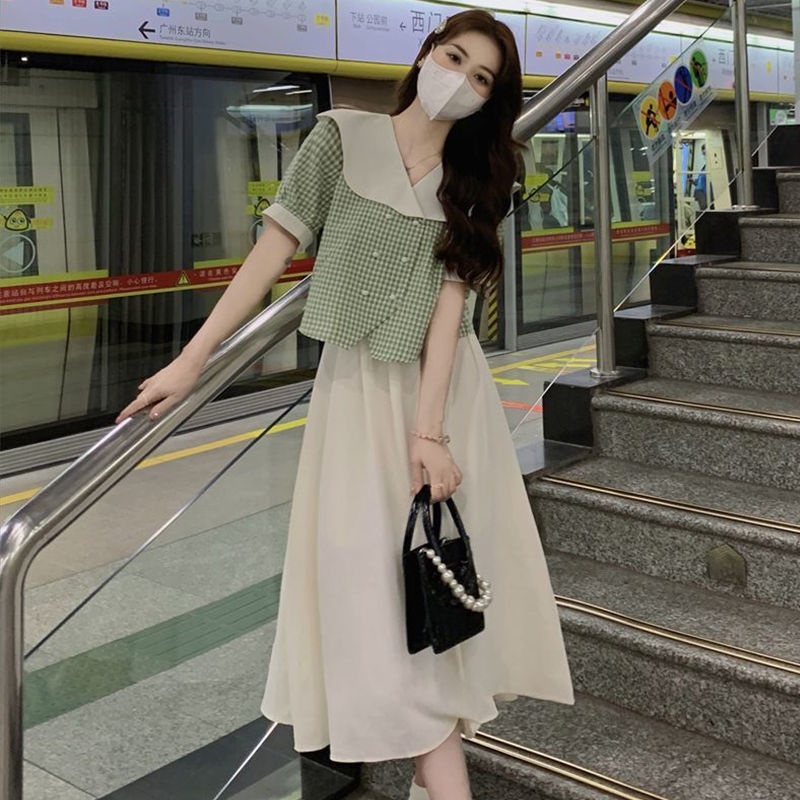 Set Áo Sơ Mi Cổ Búp Bê Kèm Chân Váy Caro Thời Trang Nữ  tao bao