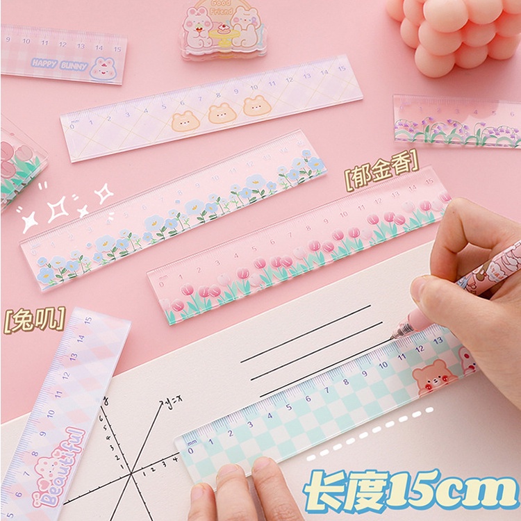 Peach 1Pcs Cute cartoon transparent acrylic ruler straightedge Painting Student stationery and office supplies