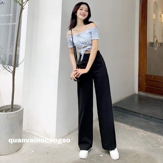 Quần ống rộng nữ dài công sở culottes lưng cao vải mềm trơn - Quần suông đen đi học chất tuyết mưa vải dáng mặc học sinh