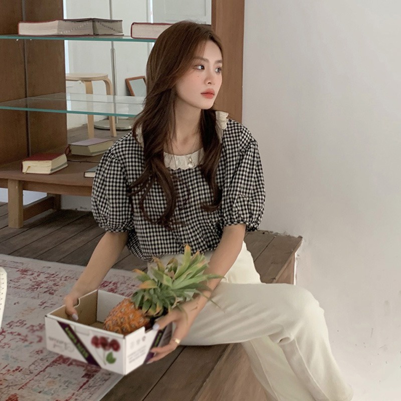 Áo Sơ Mi Tay Ngắn Cổ Tròn Phối Ren Thời Trang Hàn Quốc Dành Cho Nữ