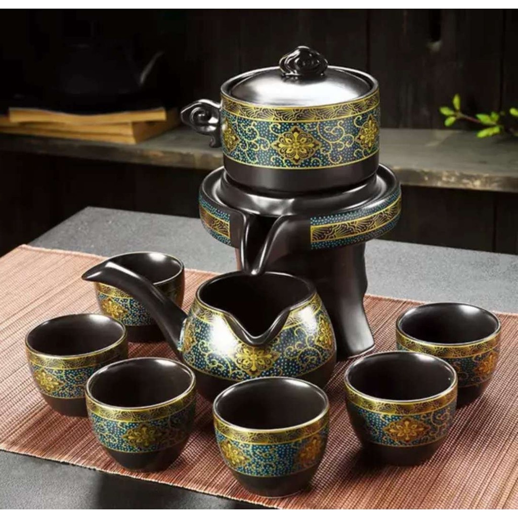 Bộ Ấm Chén Pha Trà Cối Xay Xanh Đen Vàng (bao gồm 1 ấm trà, 6 chén trà và 1 bộ cối xay)