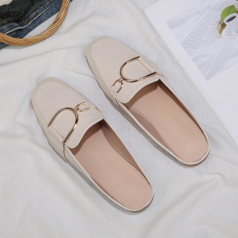 Dép nữ, sục nữ da mềm mũi vuông họa tiết kim loại cao cấp