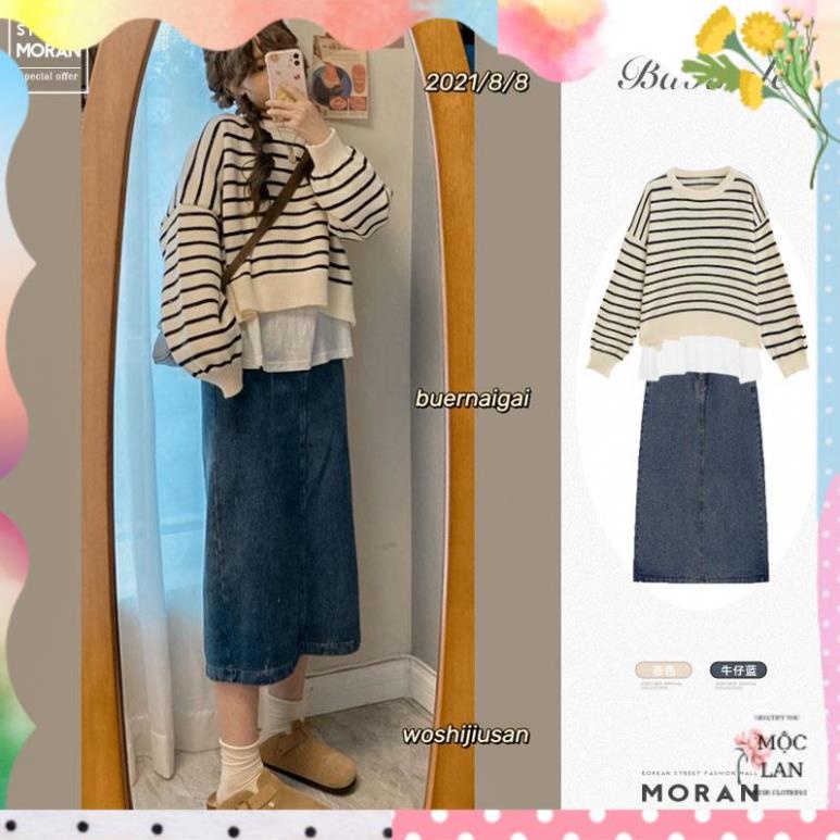 (ORDER) Áo len MORAN họa tiết kẻ sọc ngang đen trắng form thụng ngắn style Hàn Quốc năng động (hàng mới về)