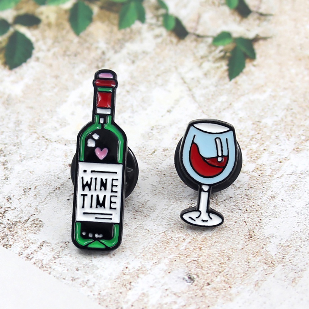 Huy hiệu cài áo hình ly rượu/ chai rượu vang họa tiết chữ cái Tiếng Anh &quot;Wine Time&quot; thời trang