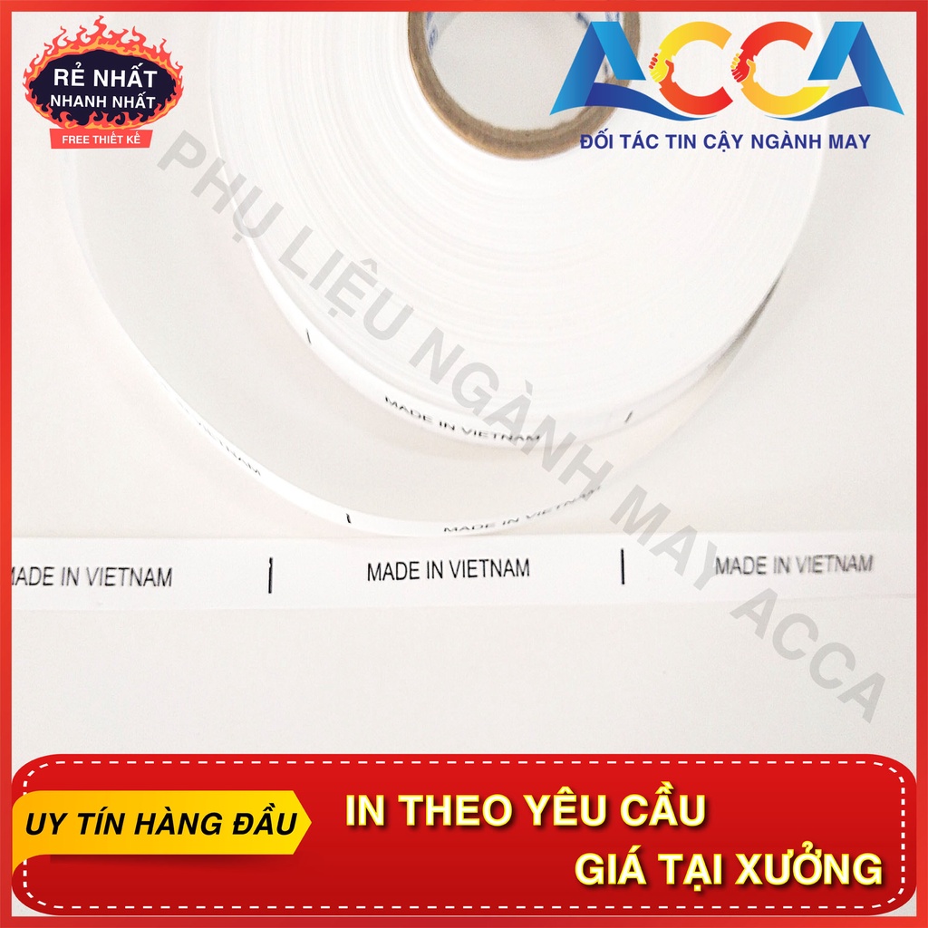 mác vải gắn quần áo ,cuộn mác vải giấy 100m ,mác gắn cổ áo in chữ made in việt nam nhãn mác acca