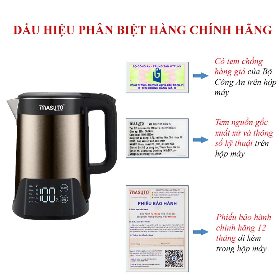 [MUA 1 TẶNG 1] Bình ấm đun nước siêu tốc điện Masuto 1,7L giữ nhiệt tự động 2 lớp chống bỏng công nghệ Nhật Bản 2