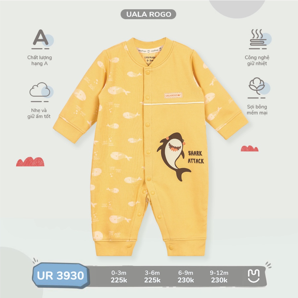 Bodysuit cho bé Uala rogo 0-12 tháng liền thân vải cotton nỉ baby shark giữ ấm gọn gàng cúc giữa dễ thay bỉm 3930