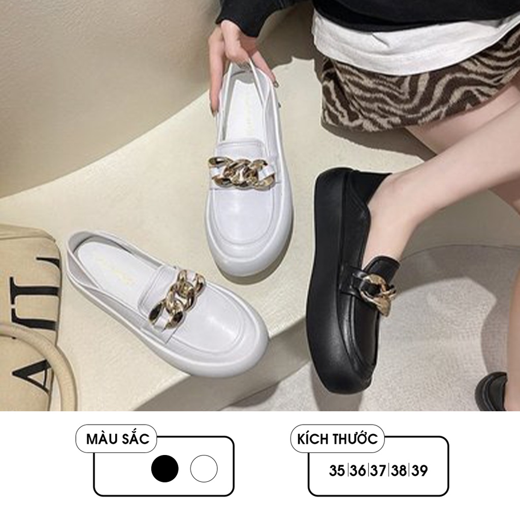 Giày Moca Loafer Ulzzang Vintage, Giày Lười Nữ Da Pu Cao Cấp Họa Tiết Móc Xích Đế Độn 3cm, Hàn Quốc - Iclassy_shoes