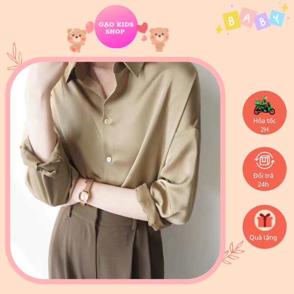 Áo sơ mi công sở nữ đẹp kiểu Hàn Quốc, áo somi form rộng nữ đẹp basic tay dài chất lụa cao cấp màu be