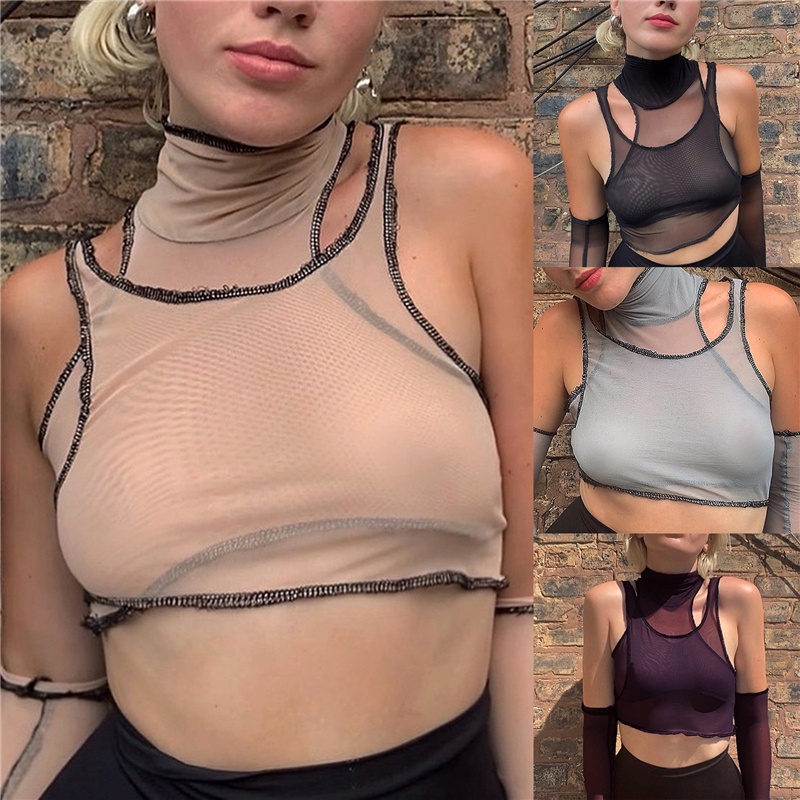 Mesh See-Through Sleevsless Tank Tee Women Fashion Street Style  Shoulder Solid Color Crop Top T-Shir