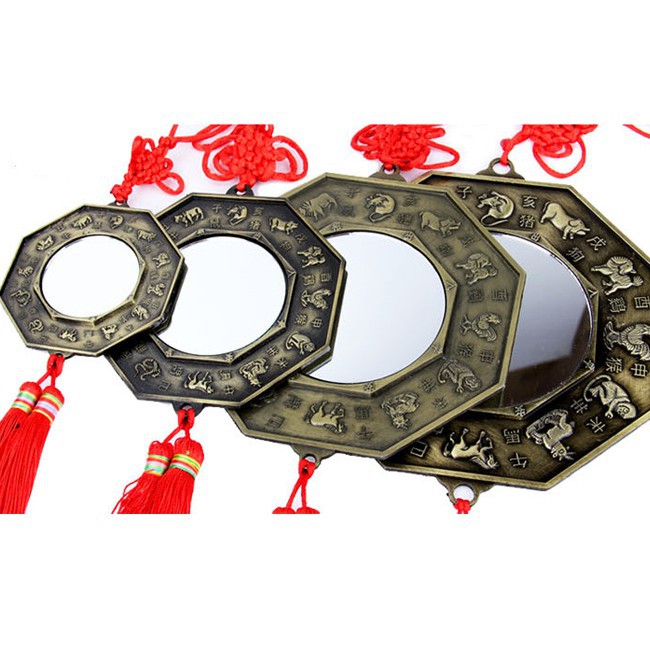 Gương bát quái phẳng treo phong thủy âm dương kẽm mặt sau gương phẳng 12 con giáp có dây tâm kết đồ thờ cúng phong thủy