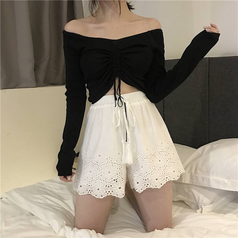 Áo len croptop tay dài Áo Dệt Kim Tay Dài Trễ Vai Phối Dây Rút Phong Cách Hàn Quốc Thời Trang Xuân Thu 2020 Mới Cho Nữ