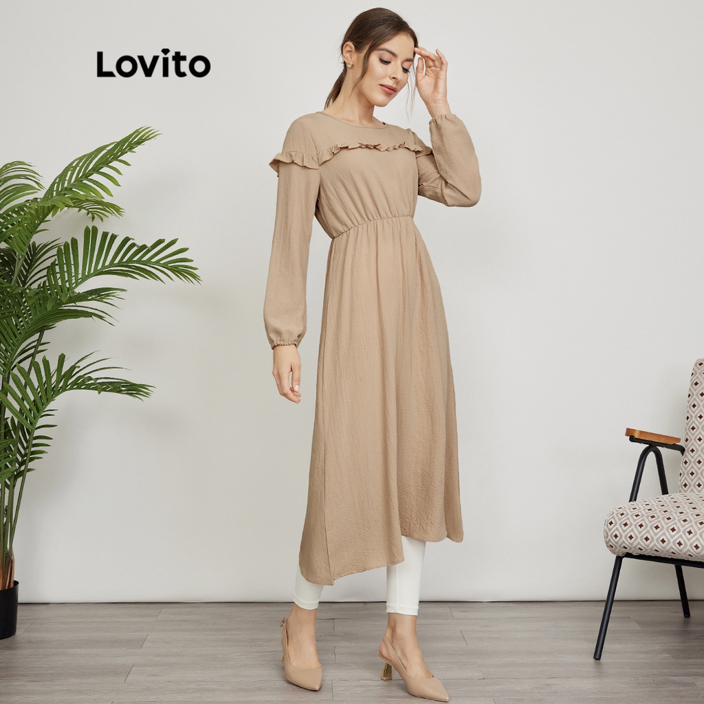 Lovito Đầm suông xếp nếp đơn giản L24ED114 (Kaki)