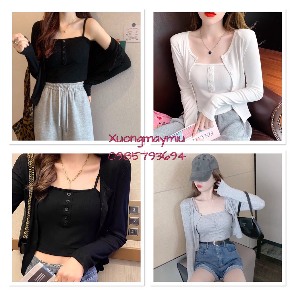 Set áo TRỤ khoác cardigan len dài tay và áo hai dây 3 màu trắng, đen, xám, chất vải mềm mịn 002