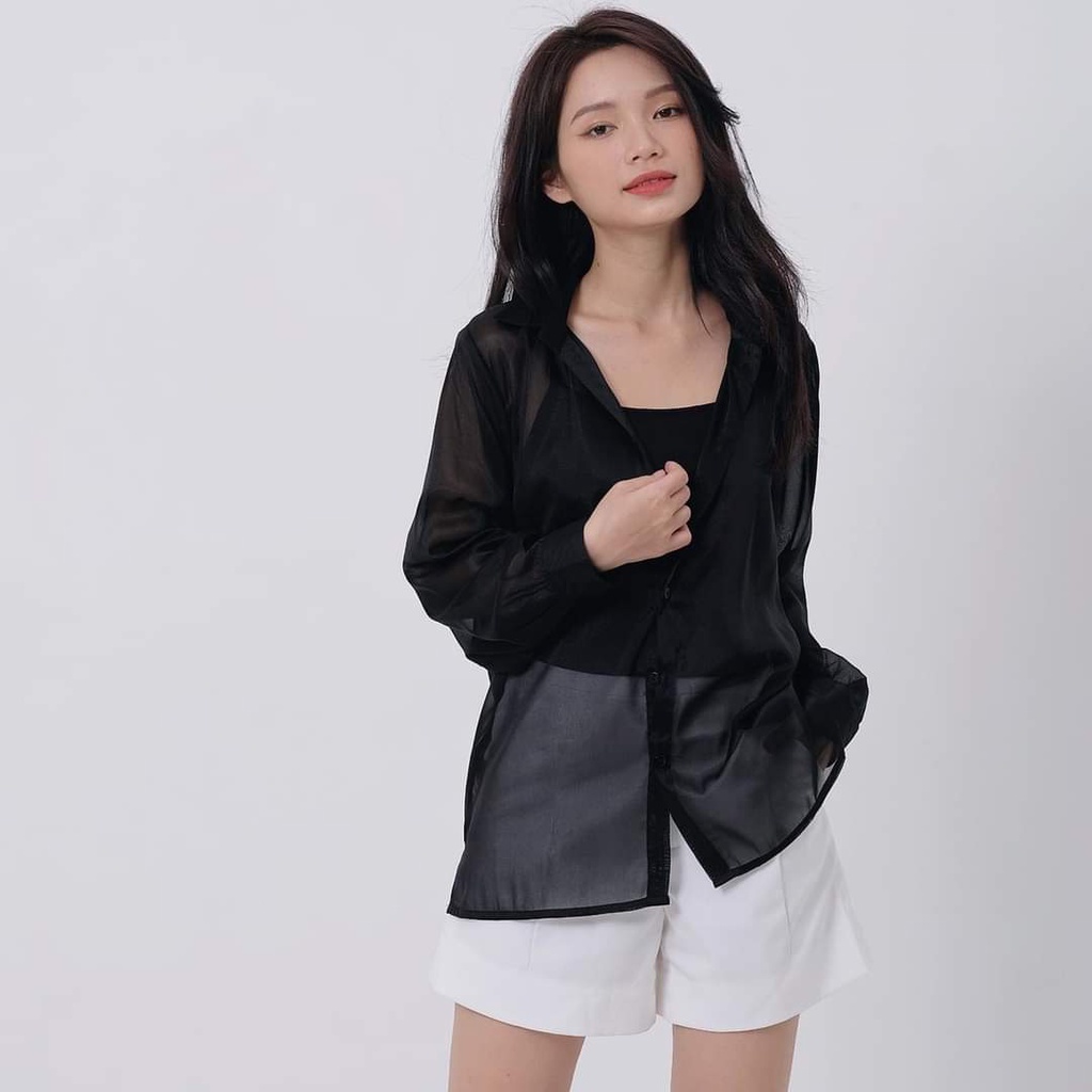 Áo sơ mi voan mỏng tay phồng, Sơ Mi Kiểu Tay Dài Hàn Quốc