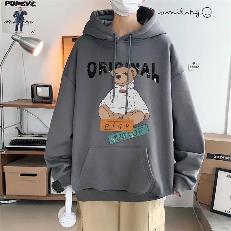 Áo Thun Nam Nữ Unisex Dài Tay, Áo Sweater Cổ Tròn Form Rộng 45kg-75kg Thời Trang Thu Đông Nhiều Màu - Cá nhân hóa phim hoạt hình gấu xám đậm In áo