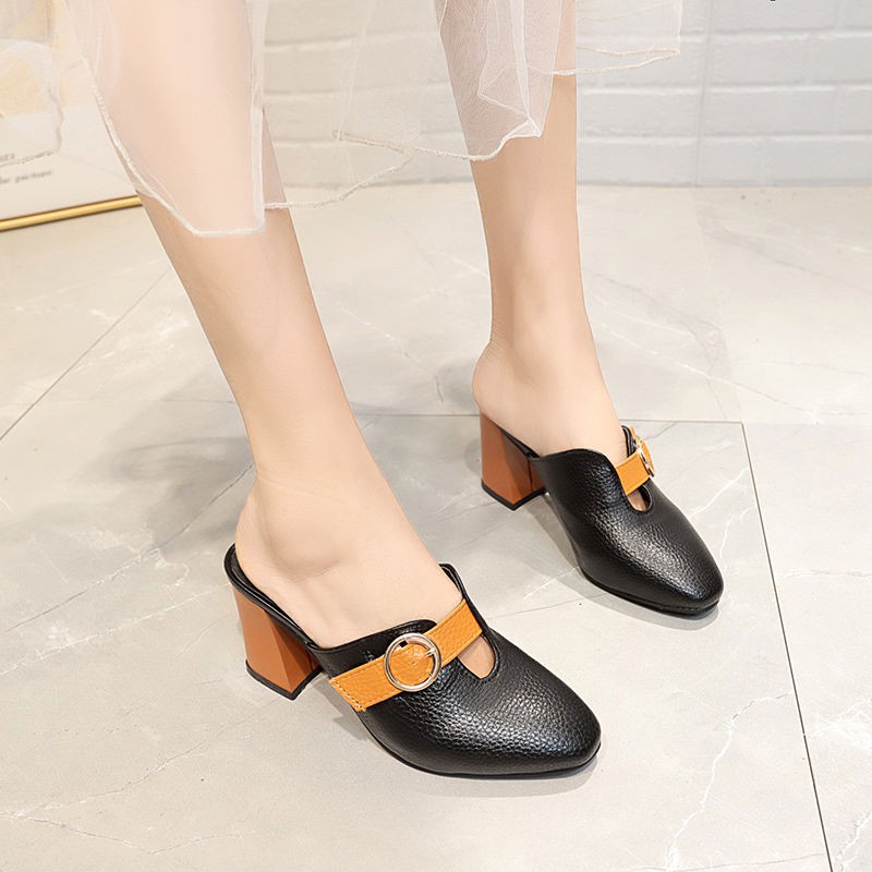 Dép cao gót nữ mùa hè 2021 phong cách mới Châu Âu dây đai thắt lưng giày Baotou và lê