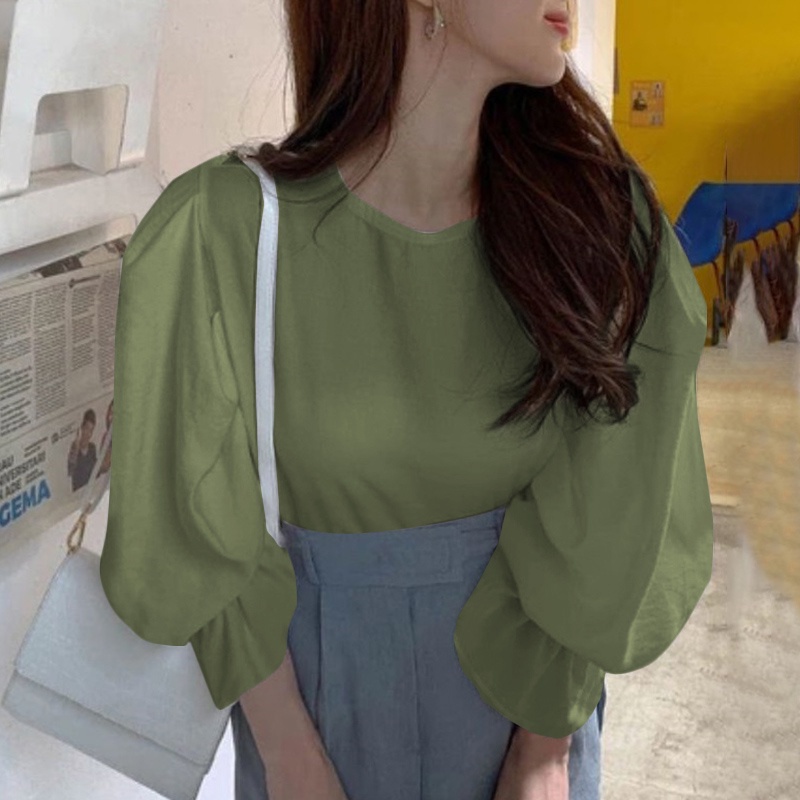 Áo blouse nữ ZANZEA tay phồng cổ tròn màu trơn thời trang thường ngày