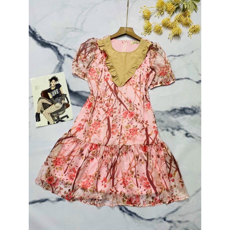 Đầm VINTAGE 2 Tầng Tay Ngắn Cổ Tròn Cao Cấp - Váy Tầng Chất Liệu VOAN Lụa Phối Họa Tiết Hoa cỏ mùa xuân | BigBuy360 - bigbuy360.vn