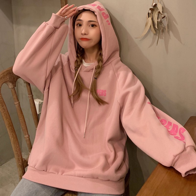 Áo hoodie Ulzzang nữ form rộng in chữ màu trắng hồng chất nỉ đẹp order quảng châu BST áo thu đông unisex Ulzzang 2020