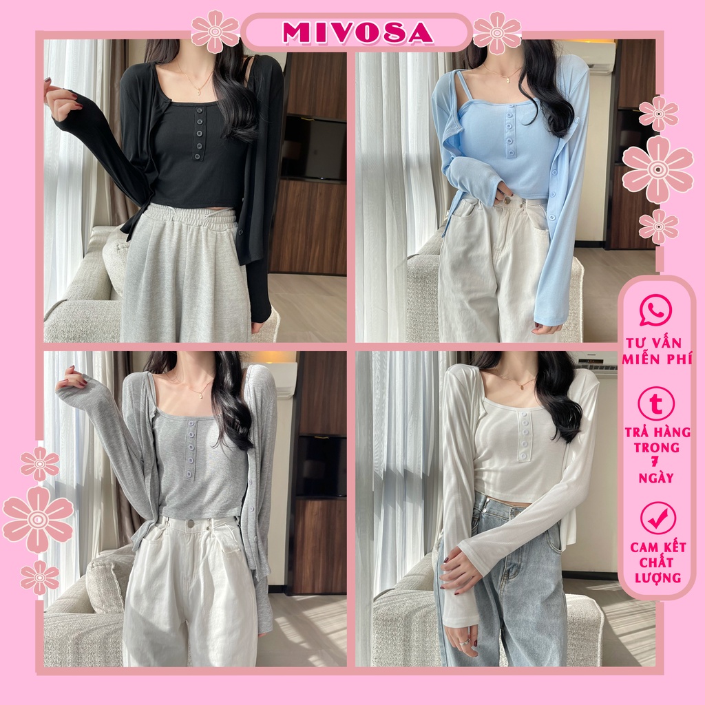 Set áo cardigan nữ hàn quốc dài tay mix áo 2 dây cúc giả set 2 món áo khoác ngoài kèm áo croptop 2 dây MIVOSA CD00t