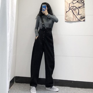 [Order] Quần yếm ống suông dài kaki đen dây đeo hot trend Tik Tok hách chân màu đen lưng cao (ảnh thật)