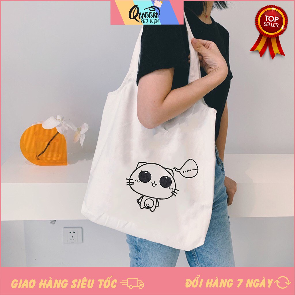 Túi Đeo Vai Tote Trắng Vải Canvas 1005 466 Chú Mèo Suy Tư Dạo Phố Cực Đẹp