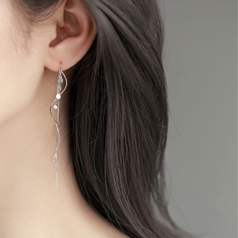 Bông Tai Bạc S925 Pendant Wave Sợi Thả Thanh Lịch | Khuyên Tai Nữ Trang Sức Bạc Thời Trang