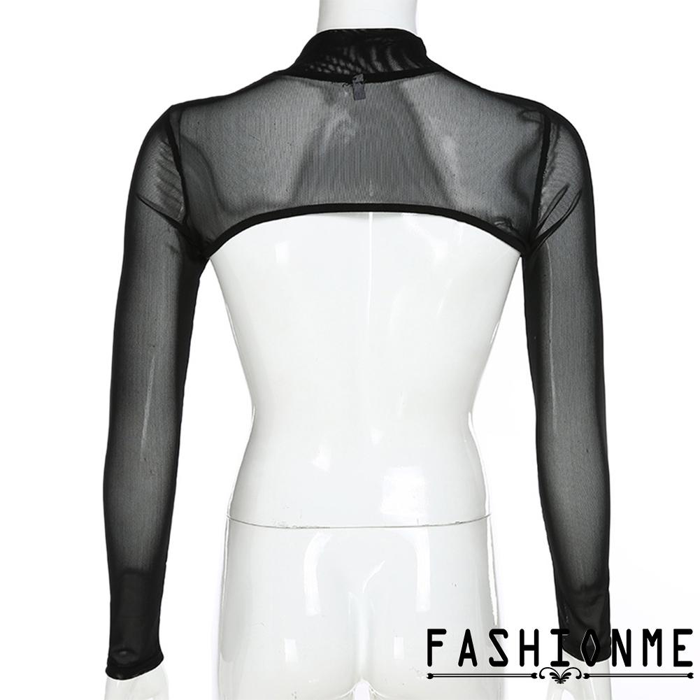 Áo Croptop Tay Dài Phối Lưới Xuyên Thấu Quyến Rũ Cho Nữ