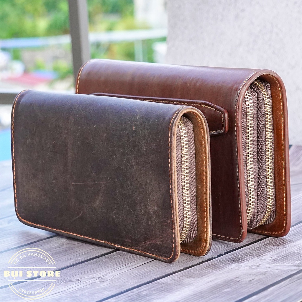 Clutch cầm tay, Ví da cầm tay da bò sáp 100% da thật Handmade khâu tay