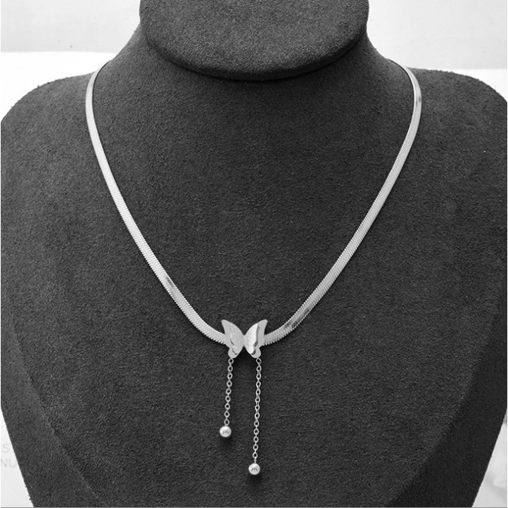 Dây chuyền nữ kiểu mì dẹp titan có mặt Hồ Điệp rớt bi cách điệu siêu đẹp, bền màu, hợp thời trang, dễ phối đồ