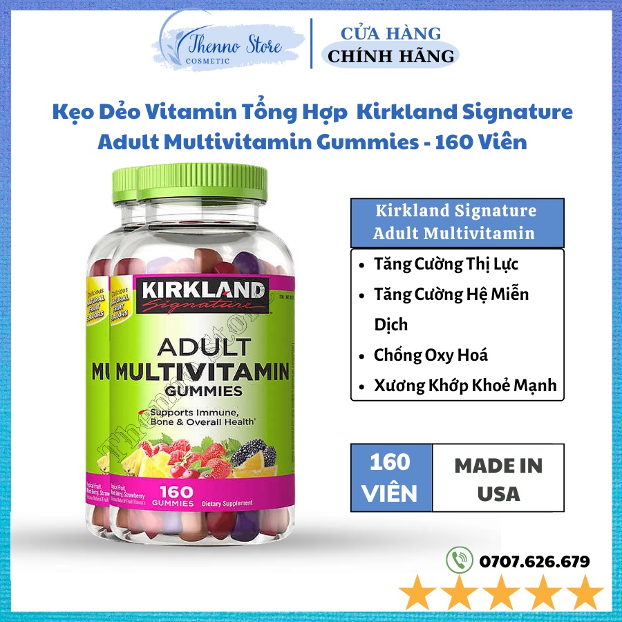 Kẹo Dẻo Vitamin Tổng Hợp Dành Cho Người Từ 16 Tuổi Kirkland Signature Adult Multivitamin Gummies - EDS Hàng Mỹ 160 Viên