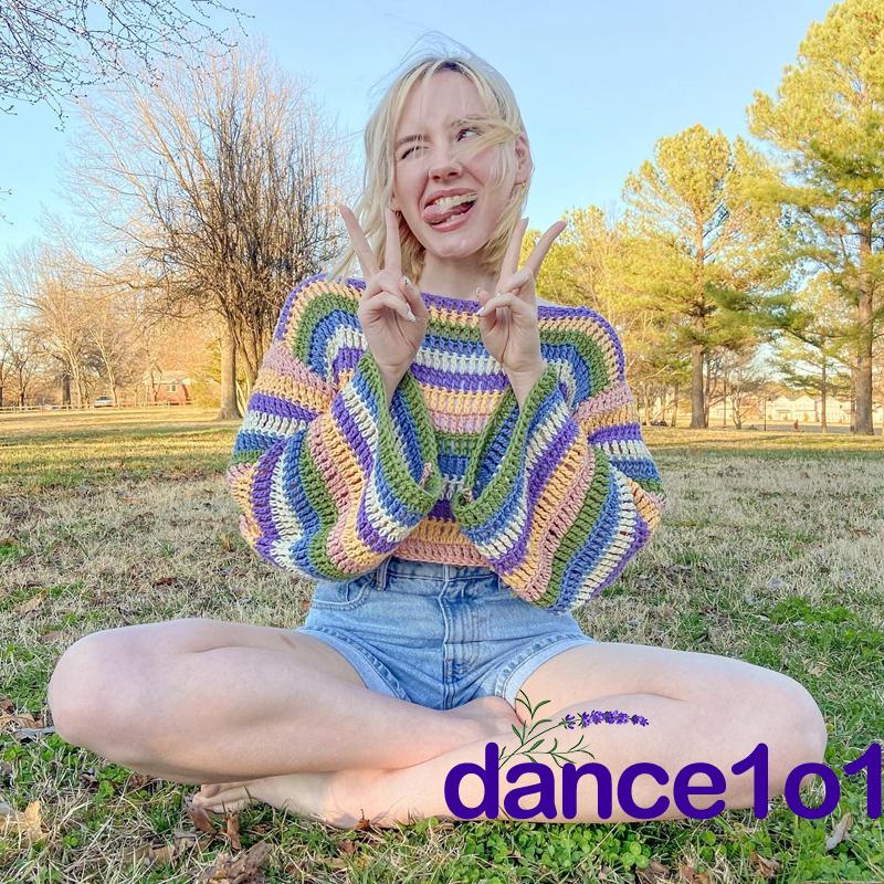 Áo Sweater Dệt Kim Dài Tay Sọc Ngang Nhiều Màu Sắc Kiểu Vintage Y2K dance1o1