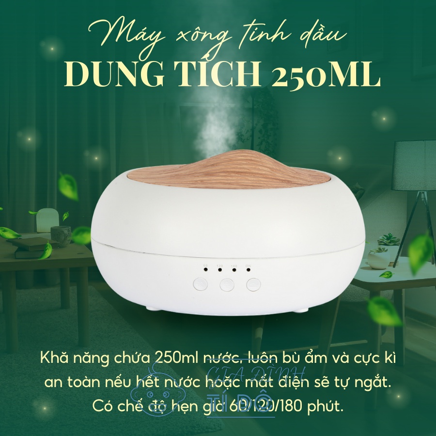 Máy xông tinh dầu, tạo ẩm khuếch tán hương thơm tự động bằng sóng siêu âm dung tích 250ml Kiểu Dáng Vỏ Sò