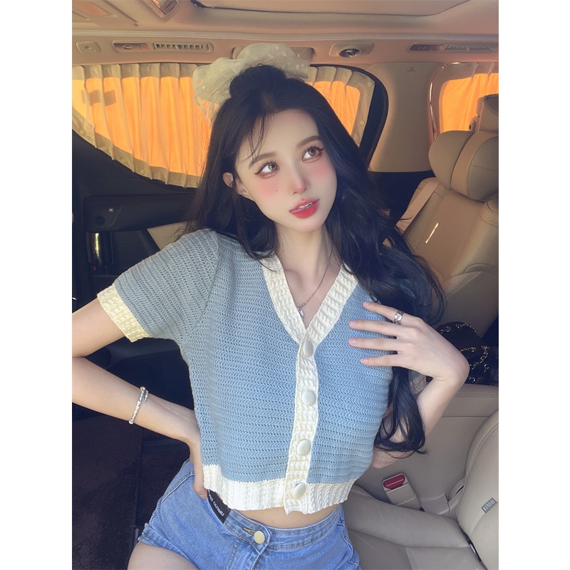 Áo Dệt Kim Ngắn Cổ Chữ V Thời Trang Hàn Quốc Cho Nữ