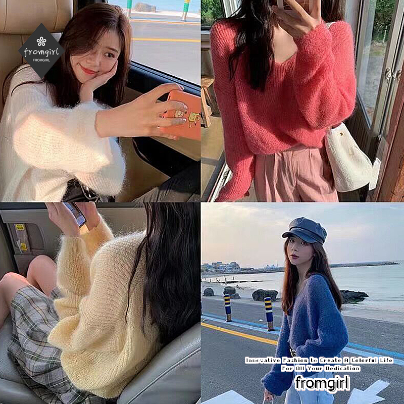 Áo Len Tay Dài Cổ Chữ V Màu Trơn Thiết Kế Độc Đáo Với 7 Màu Lựa Chọn