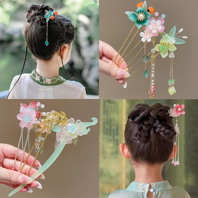 Trâm Cài Tóc Đính Hoa Phối Tua Rua Kiểu Cổ Điển Dễ Thương Cho Bé Gái