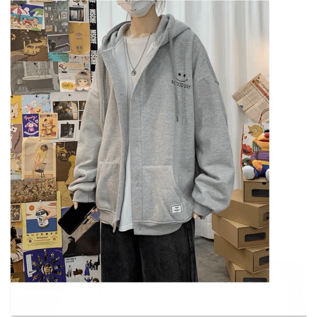 ÁO KHOÁC HOODIE NÚT GÀI MẶT CƯỜI FORM RỘNG CHO NAM CỰC HOT TU