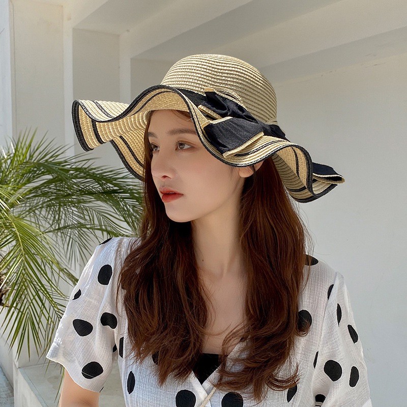 Nón cói đi biển nơ kép vành sóng siêu xinh